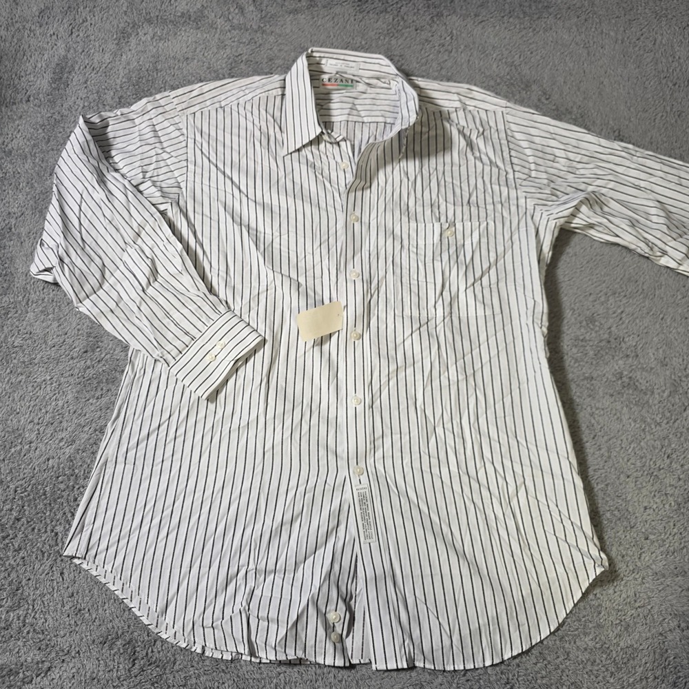 Cezani Mens 16 32/33 Button Down Shirt White Black Striped 100% Cotton NWT